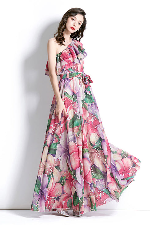 Sparkling Eye Catching Floral Print, Ruffled, One Shoulder Bohemian Ladies Party, Cocktail, Holiday, Wedding Guest Fairy Maxi Dress